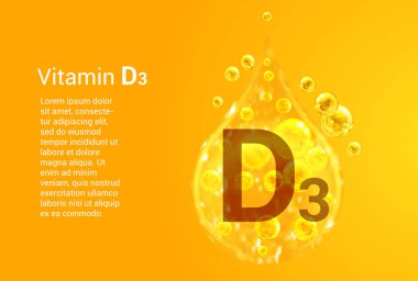 D3 vitamini. İçinde oksijen kabarcıkları olan altın damlaların vektör görüntüleri olan baner. Sağlık kavramı. 