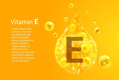 E vitamini baner. Oksijen baloncuklu altın damlaların vektör görüntüleri. Sağlık kavramı. 