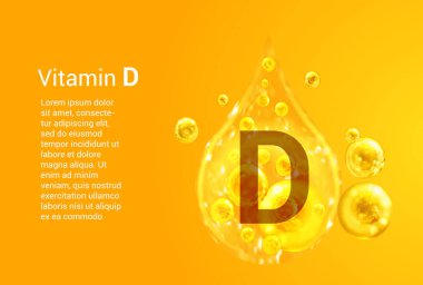 D vitamini. Oksijen baloncuklu altın damlaların vektör görüntüleri. Sağlık kavramı. 