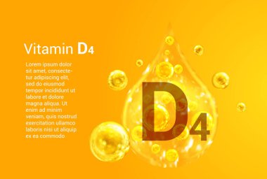 D4 vitamini. İçinde oksijen kabarcıkları olan altın damlaların vektör görüntüleri olan baner. Sağlık kavramı. 