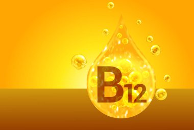 B12 vitamini. Oksijen baloncuklu altın damlalar. Sağlık kavramı