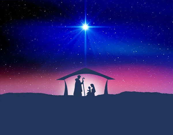 Star of Bethlehem, or the Christmas Star. Silhouettes of Jesus Christ\'s family. Colorful sky