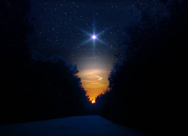 Yıldızlı gece gökyüzünde parlak bir yıldız. Ormanın silueti ve gece yolu. Ufukta güneş ışığı görünüyor. Beytüllahim 'in doğuşunun Noel yıldızı, İsa' nın doğuşu..
