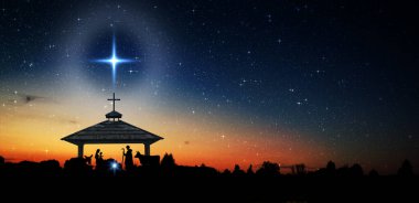 Beytüllahim 'in Parlak Yıldızı ya da Noel Yıldızı. İsa 'nın, Meryem' in, Yusuf 'un ve hayvanların siluetleri. Şafak vakti yıldızlı gökyüzü