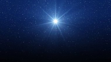 Parlak Yeni Yıl Yıldızı. Beytüllahim 'in İsa' nın Doğuşu 'nun Noel yıldızı. Koyu mavi gökyüzünün ve parlak yıldızın arka planı.