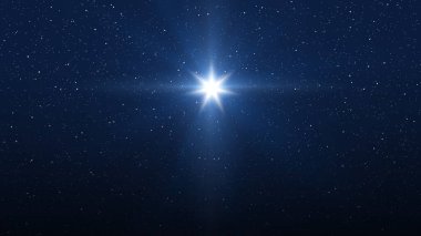 Gökyüzünde parlak bir yıldız. Beytüllahim 'in İsa' nın Doğuşu 'nun Noel yıldızı. Koyu mavi yıldızlı gökyüzünün arka planı.