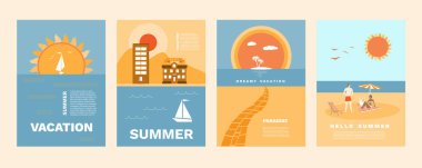 Deniz manzaralı, güneşli plajlı bir kart. Deniz sahilinde tatiller. Deniz manzarası, gökyüzü, bulutlar, deniz yatı. Tatil gezisi ve yaz tatili illüstrasyonları. Vektör. Tipografi tasarımı.