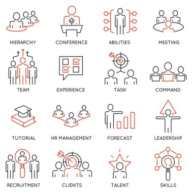 İş yönetimi, strateji, kariyer ilerlemesi ve iş süreçleriyle ilgili 16 simgeden oluşan bir vektör kümesi. Mono line pictogram ve infografik tasarım ögeleri - 5