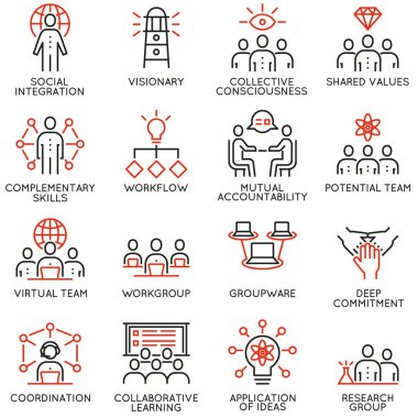 Takım çalışması, kariyer gelişimi ve iş süreçleriyle ilgili 16 doğrusal kalite simgesi içeren bir vektör kümesi. Mono line pictogram ve infografik tasarım elementleri - Bölüm 3