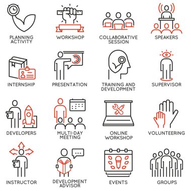 Kariyer ilerlemesi, profesyonel danışmanlık hizmetleri, eğitim ve geliştirmeyle ilgili 16 simgeden oluşan bir vektör kümesi. Mono line pictogram ve infografik tasarım elementleri - bölüm 1