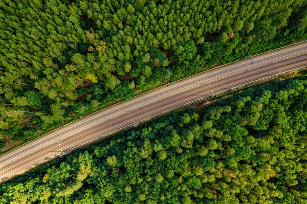 Järnväg Genom Sommarskogen Flygutsikt — Stockfoto