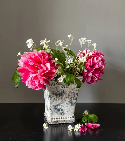 Still Life Pink Peonies Wild Flowers — Stock Photo, Image