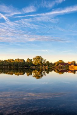 Gölün doğal manzarası, yüksek çözünürlüklü dalgaların sonbahar ormanının arka planına karşı hareketi. Bulutların su dalgaları üzerindeki yansıması. Almanya.