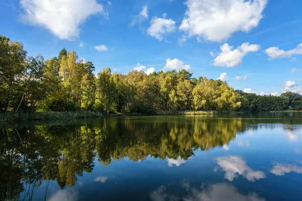湖の自然景観 高精細 秋の森の背景に波の動き 水の波紋に雲の反射 ドイツ — ストック写真