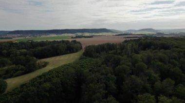 Yazın mavi gökyüzünün altında Güney Almanya 'da bir buğday tarlası ya da tarım arazisi üzerinde yavaş uçuş