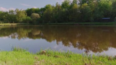 Göl ve yeşil orman ağaçları. Sudaki orman yansıması. Sihirli atmosfer.