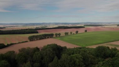 Yazın mavi gökyüzünün altında Güney Almanya 'da bir buğday tarlası ya da tarım arazisi üzerinde yavaş uçuş