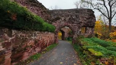 Eski şatonun kalıntıları. Hohnstein Kalesi 'nin yıkıntısı, Harz dağları, Almanya.