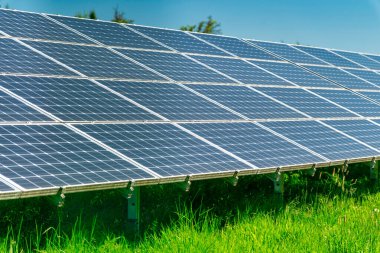 Güneş panelleri açık mavi gökyüzünün altında yeşil çayırlarla çevrili..