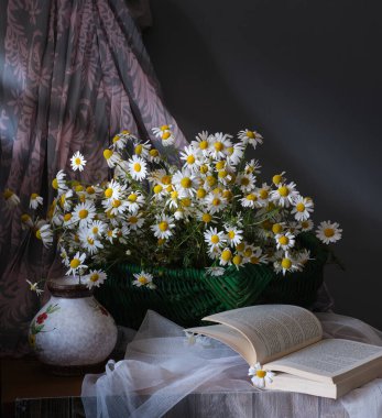 Kırmızı bir elma ve açık bir kitapla kaliteli bir sürahi içinde neşeli bir papatya koleksiyonu, büyüleyici bir sahne yaratıyor.