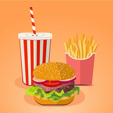 fast food. Lezzetli burger, soğuk içecek ve patates kızartmasının minimalist düz vektör çizimi