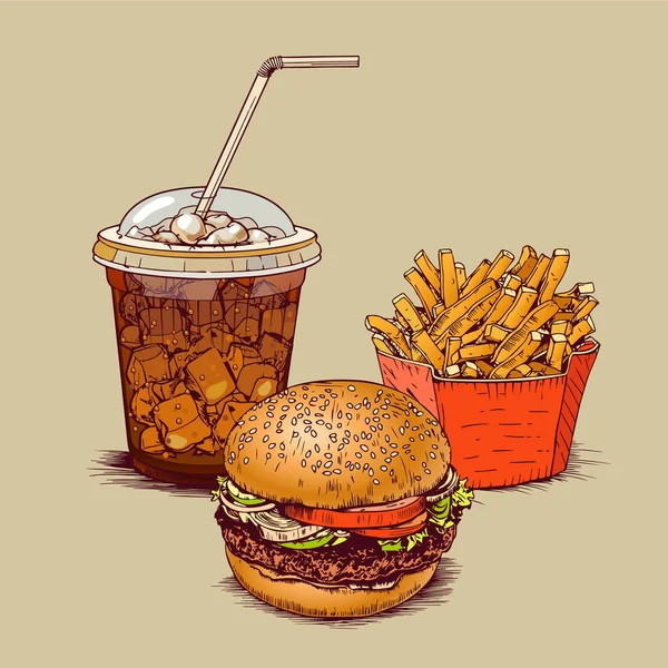 老式手绘精美汉堡包 冷饮和薯条的图解 图库插图