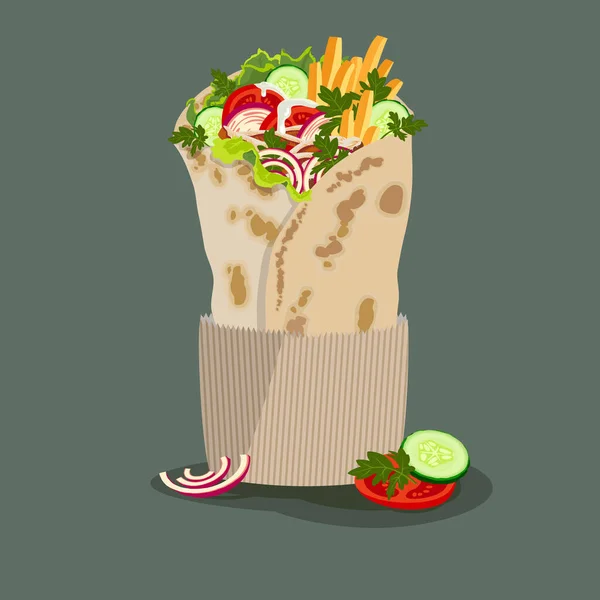 Ilustracja Shawarmy Bliskowschodnie Kanapkowe Opakowanie Kawałkiem Mięsa Frytkami Warzywami — Wektor stockowy
