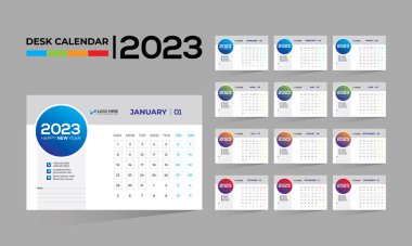 2023 masaüstü vektörü. Herhangi bir kullanım için 12 aylık takvim tasarımı.
