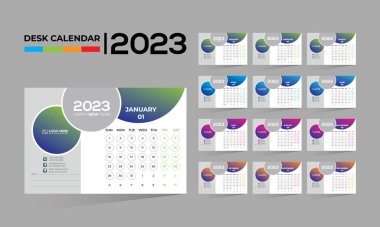 2023 masaüstü vektörü. Herhangi bir kullanım için 12 aylık takvim tasarımı.