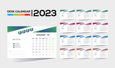 2023 masaüstü vektörü. Herhangi bir kullanım için 12 aylık takvim tasarımı.