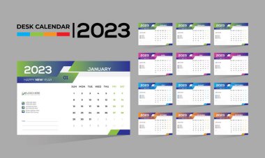 2023 masaüstü vektörü. Herhangi bir kullanım için 12 aylık takvim tasarımı.