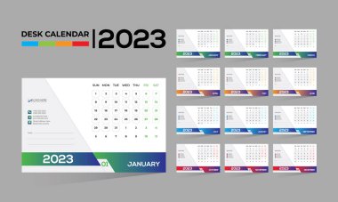 2023 masaüstü vektörü. Herhangi bir kullanım için 12 aylık takvim tasarımı.