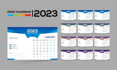2023 masaüstü vektörü. Herhangi bir kullanım için 12 aylık takvim tasarımı.
