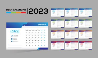 2023 masaüstü vektörü. Herhangi bir kullanım için 12 aylık takvim tasarımı.