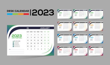 2023 masaüstü vektörü. Herhangi bir kullanım için 12 aylık takvim tasarımı.