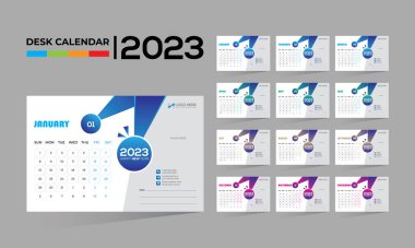 2023 masaüstü vektörü. Herhangi bir kullanım için 12 aylık takvim tasarımı.