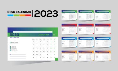 2023 masaüstü vektörü. Herhangi bir kullanım için 12 aylık takvim tasarımı.