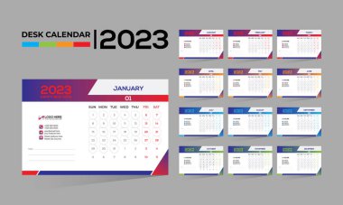 2023 masaüstü vektörü. Herhangi bir kullanım için 12 aylık takvim tasarımı.
