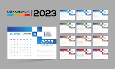 2023 masaüstü vektörü. Herhangi bir kullanım için 12 aylık takvim tasarımı.