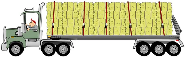 Ilustração Semi Caminhão Verde Reboque Com Uma Carga Fardos Feno — Fotografia de Stock