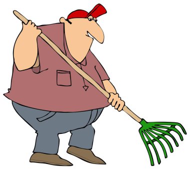 Sonbahar yapraklarını yapraklarla tırmıklayan bir adam tasviri..