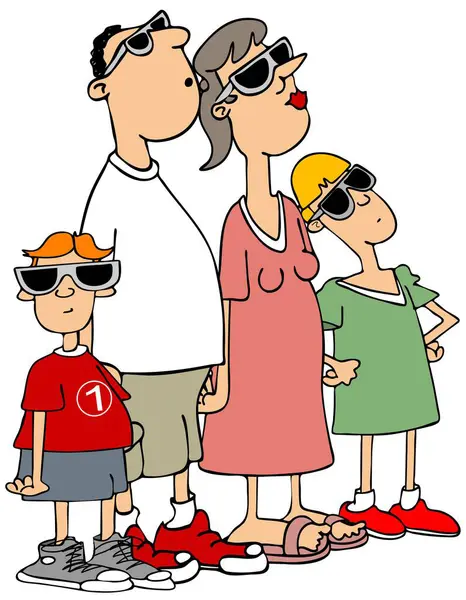 一个家庭戴着特殊眼镜观看日食的图片 图库照片