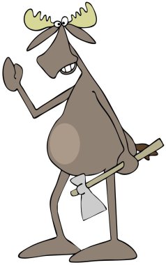 Elinde balta olan ve el sallayan bir geyik tasviri..