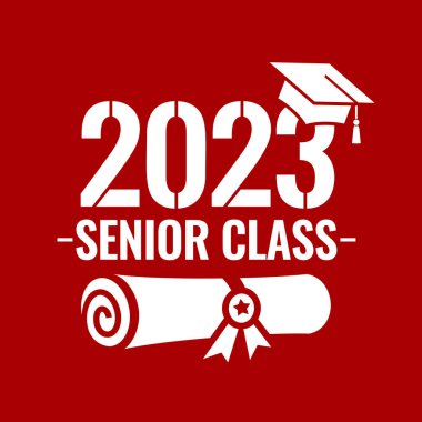 Senior class 2023 graduation icon over red background