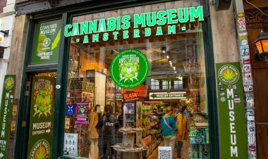 Amsterdam, Hollanda - 15 Mayıs 2024: Amsterdam Kenevir Müzesi girişi, popüler turizm merkezi