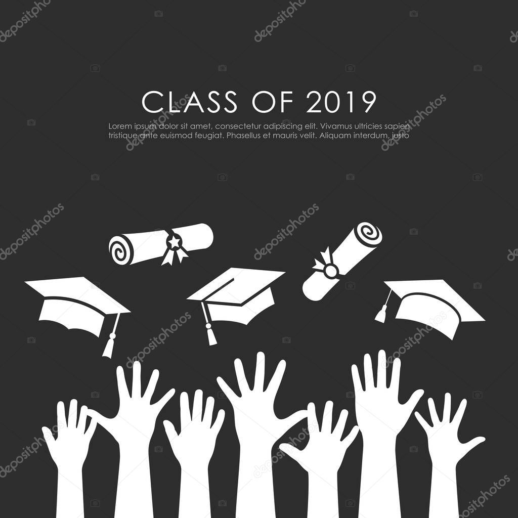 Students raised hands and graduation vector card