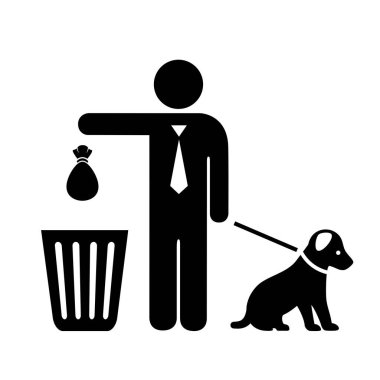 Çöp poşeti vektör simgesine sahip köpek ve sahibi beyaz arkaplanda izole edildi