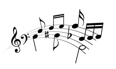 Eğri müzik ekibi ve notalar beyaz arkaplanda izole edilmiş