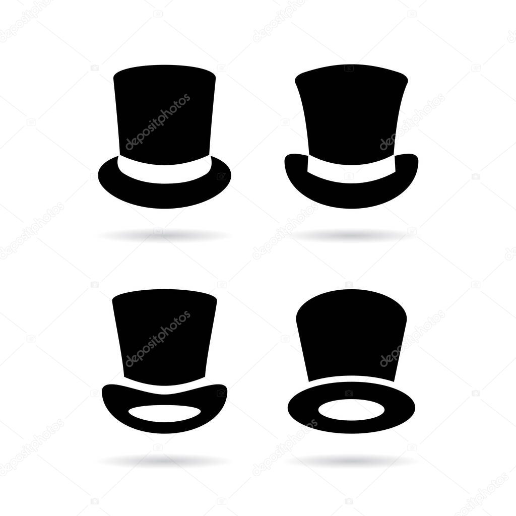 Old style black top hat icons isolated on white background