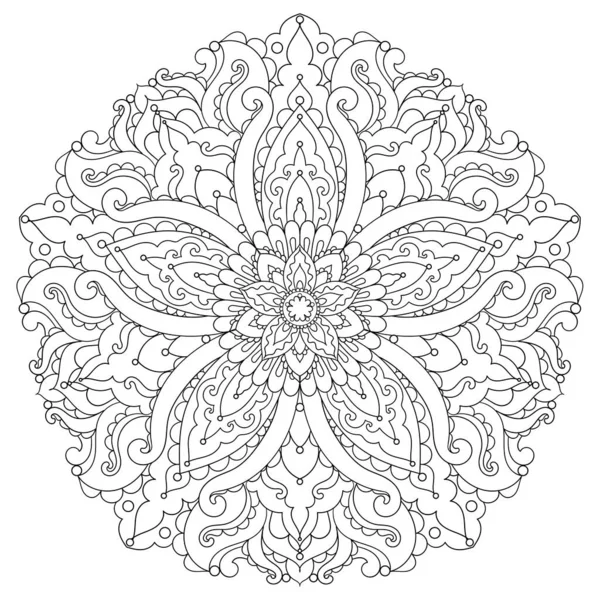 Mandala Fiori Disegno Lineare Bianco Nero Progettazione Libri Colorare Tatuaggio — Vettoriale Stock